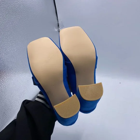 YDN Blue Suede Chunky High Heel Square Toe Loafer Buckle Office Pumps - Picture 9 of 11